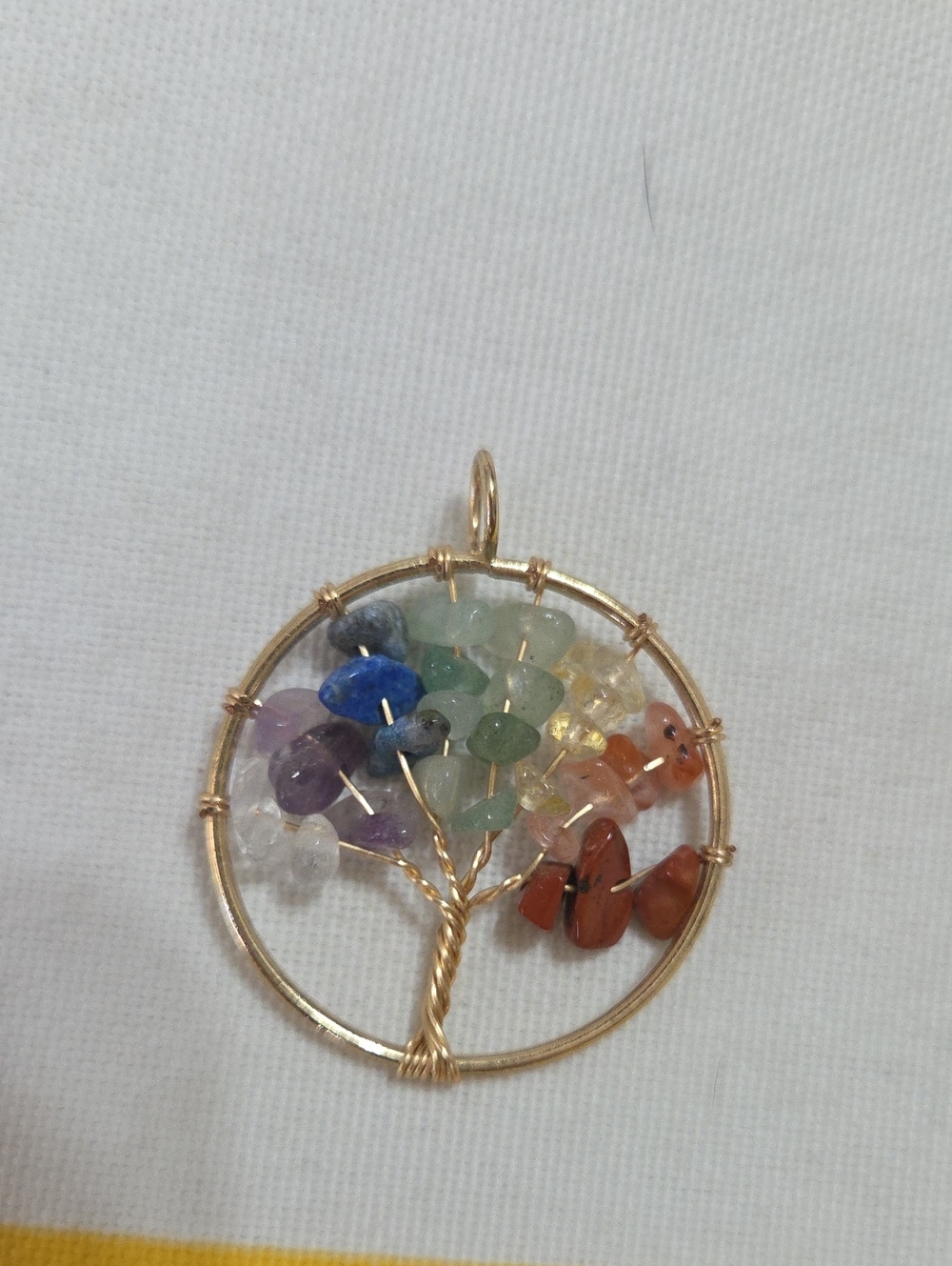 Handmade Chakra Gemstone Tree of Life Pendant Rainbow Crystal Gold Tone